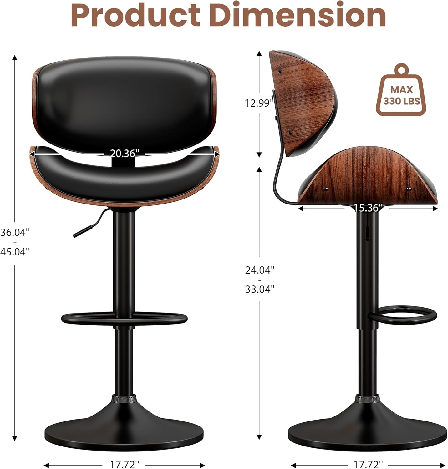 Adjustable Bentwood Bar Stools Set Of 2 PU Leather Upholstery ShipItFurniture