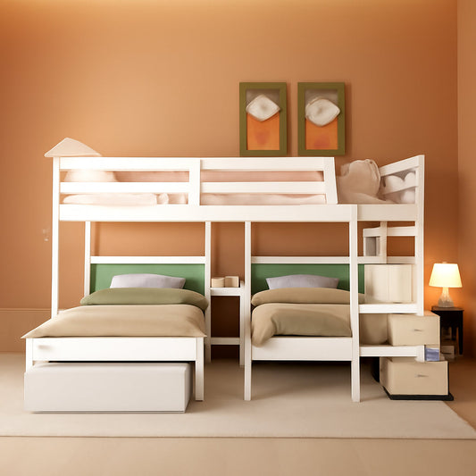 Triple Bunk Beds with Drawers, Wood Full over Twin & Twin Bunk Bed with Storage Staircase, Triple Bed for Kids,3 Bed Bunk Beds with Storage for Girls Boys,White ShipItFurniture
