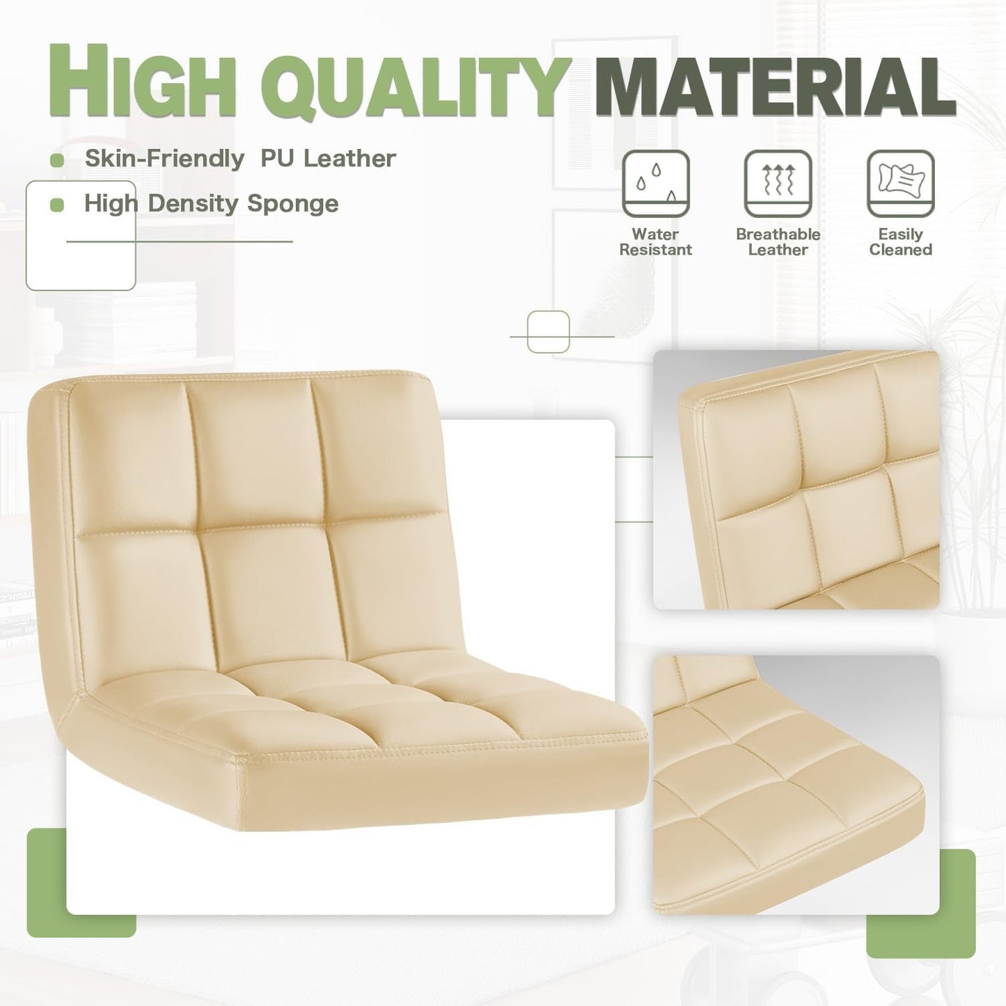 Bar Stools Modern Pu Leather Swivel Adjustable Hydraulic Bar Stool Square Counter Height Stool Set of 2 (Beige) ShipItFurniture