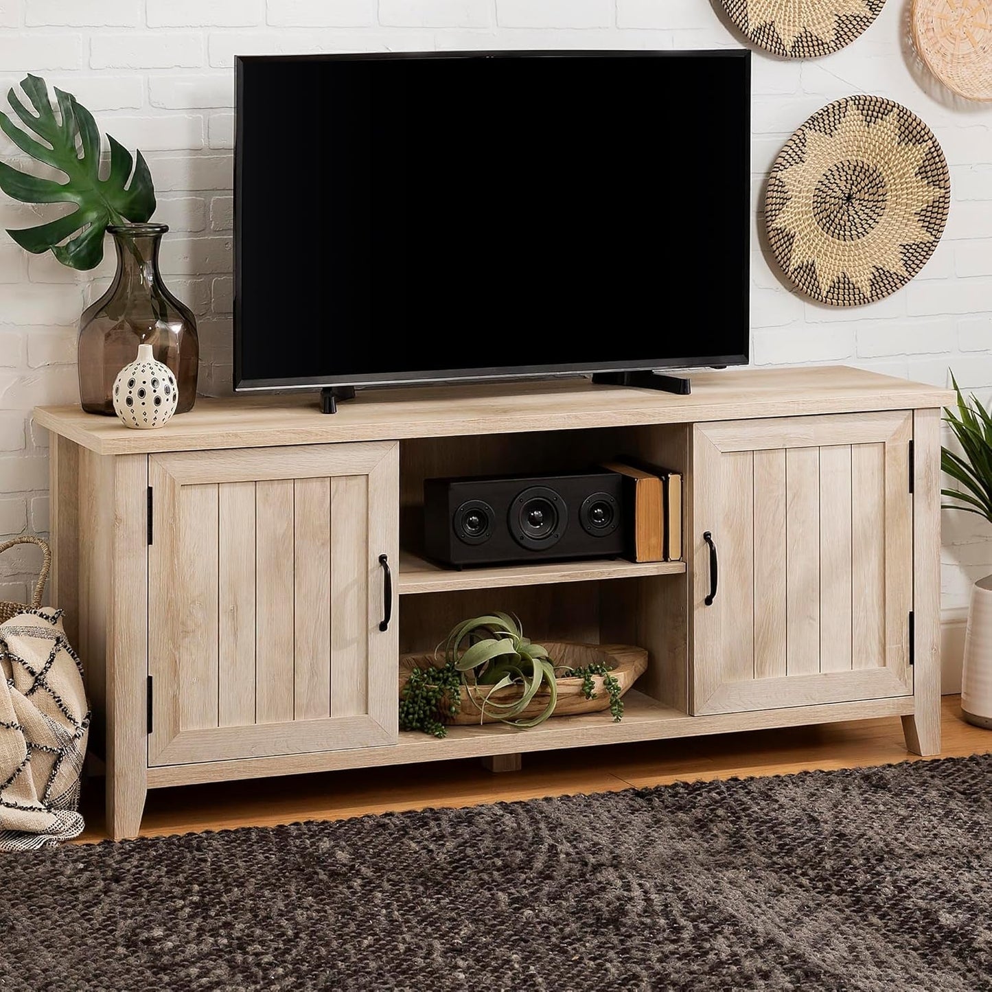 Buren 58 Inch White Oak Grooved Door TV Stand 65 Inch TV