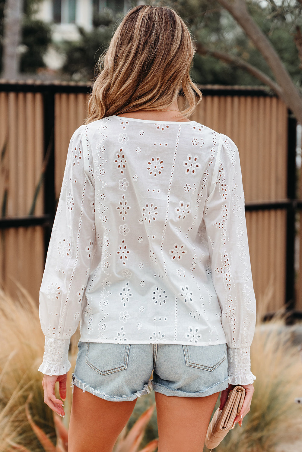 Allison Eyelet Embroidered Smocked Cuff Sheer Blouse Threaded Pear