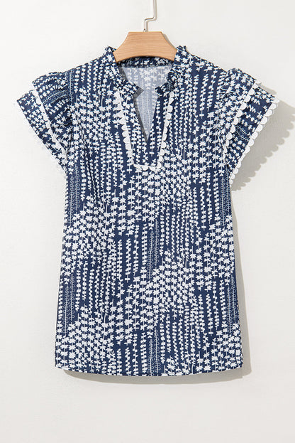 Cynthia Ric Rac Trim Flutter Sleeve Notch V Neck Blouse