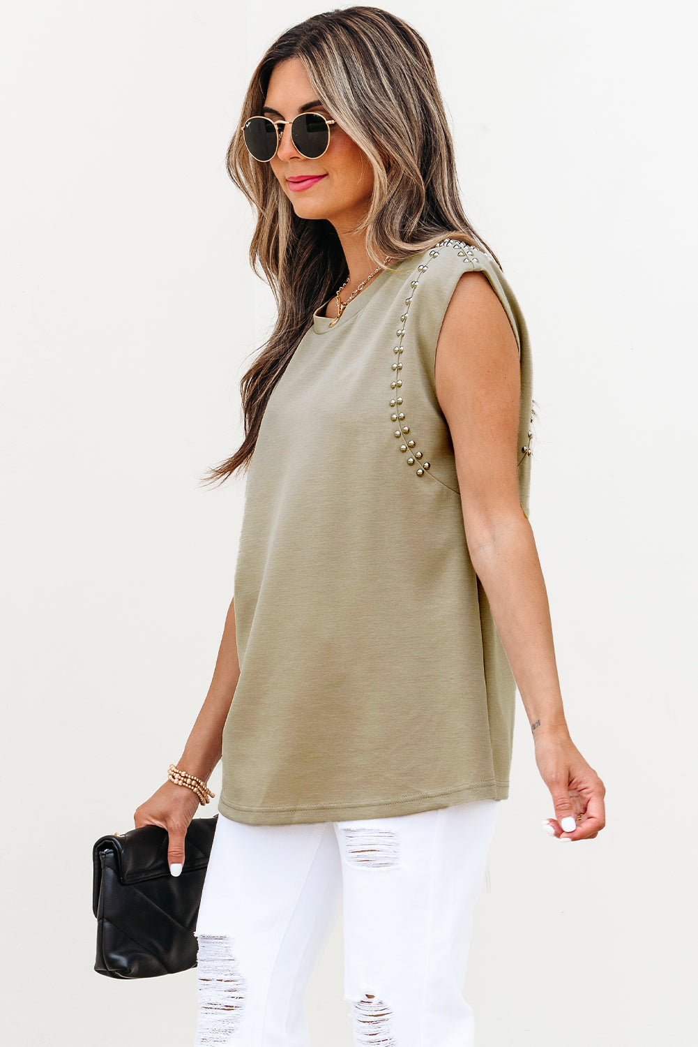 Julietta Studded Cap Sleeve Round Neck Top