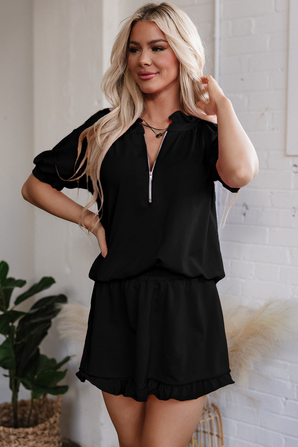 Laylani Puff Sleeve Top and Ruffled Shorts Set