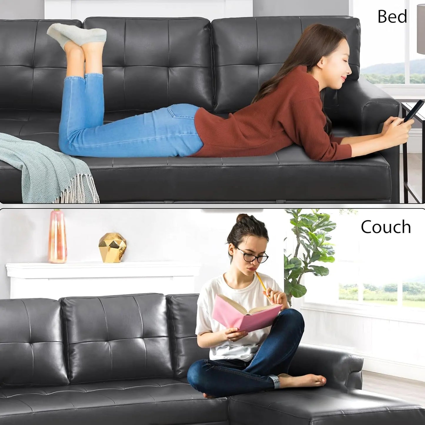 Sleeper Sectional Sofa Black Leather With Convertible Bed ShipItFurniture