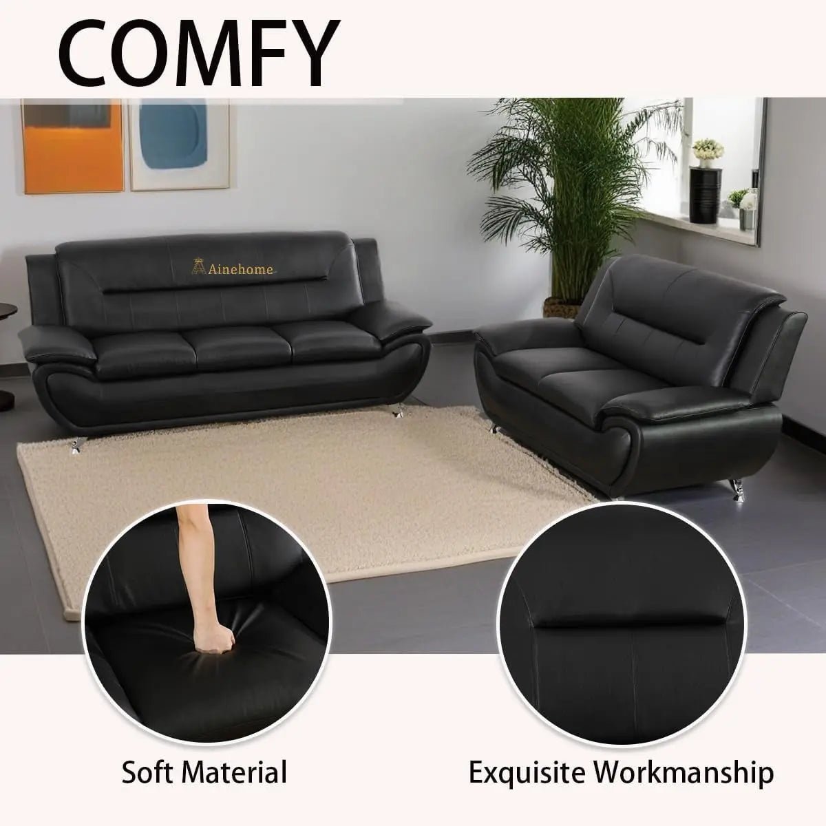 Black 5 Seat Faux Leather Sectional Sofa Set For Living Room - Get it from Bo