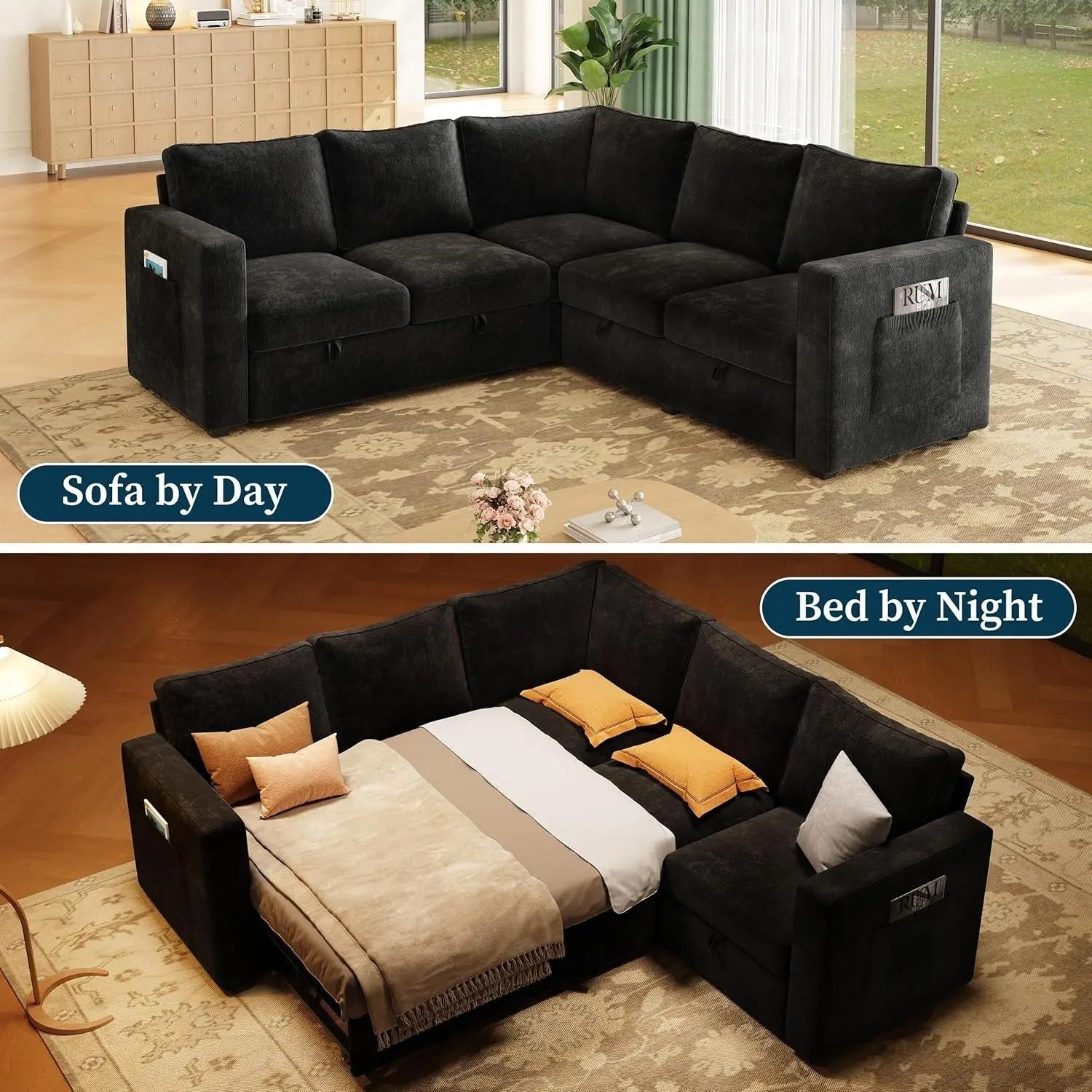 Black 83Inch Deluxe Sleeper Sectional Sofa With Storage - Get it from Bo