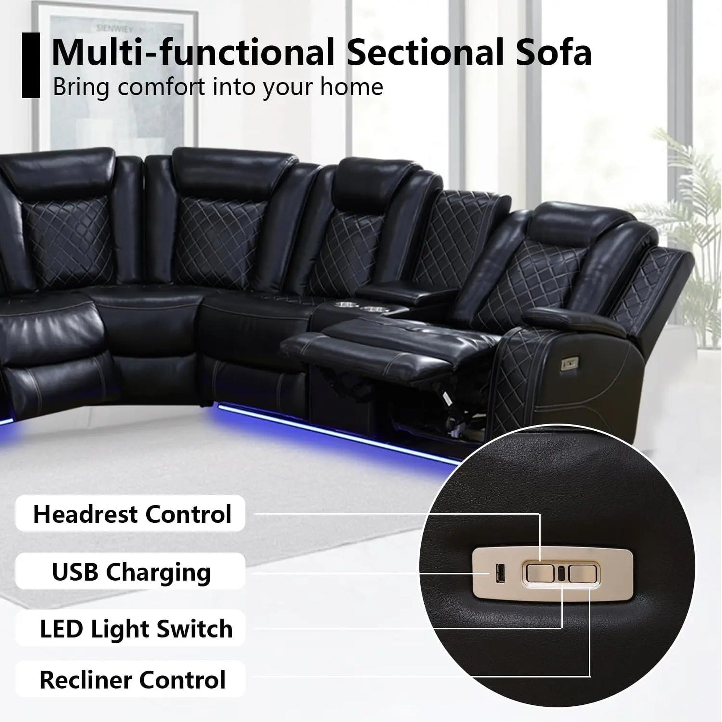 Black Leather Power Reclining Sectional Sofa Living Room - Get it from Bo