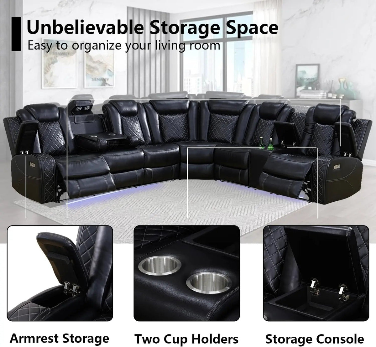 Black Leather Power Reclining Sectional Sofa Living Room - Get it from Bo