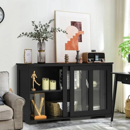 Black Wood Buffet Kitchen Dining Sideboard Storage Cabinet w/ Glass Sliding Door - Get it from Bo