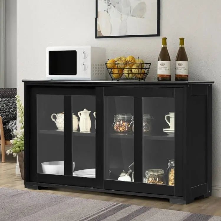 Black Wood Buffet Kitchen Dining Sideboard Storage Cabinet w/ Glass Sliding Door - Get it from Bo
