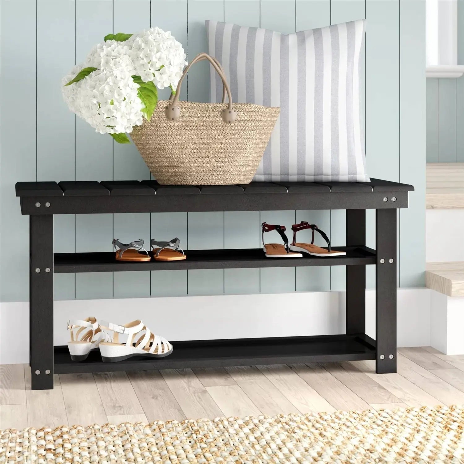 Black Wooden 2-Shelf Shoe Rack Storage Bench for Entryway or Closet - Get it from Bo