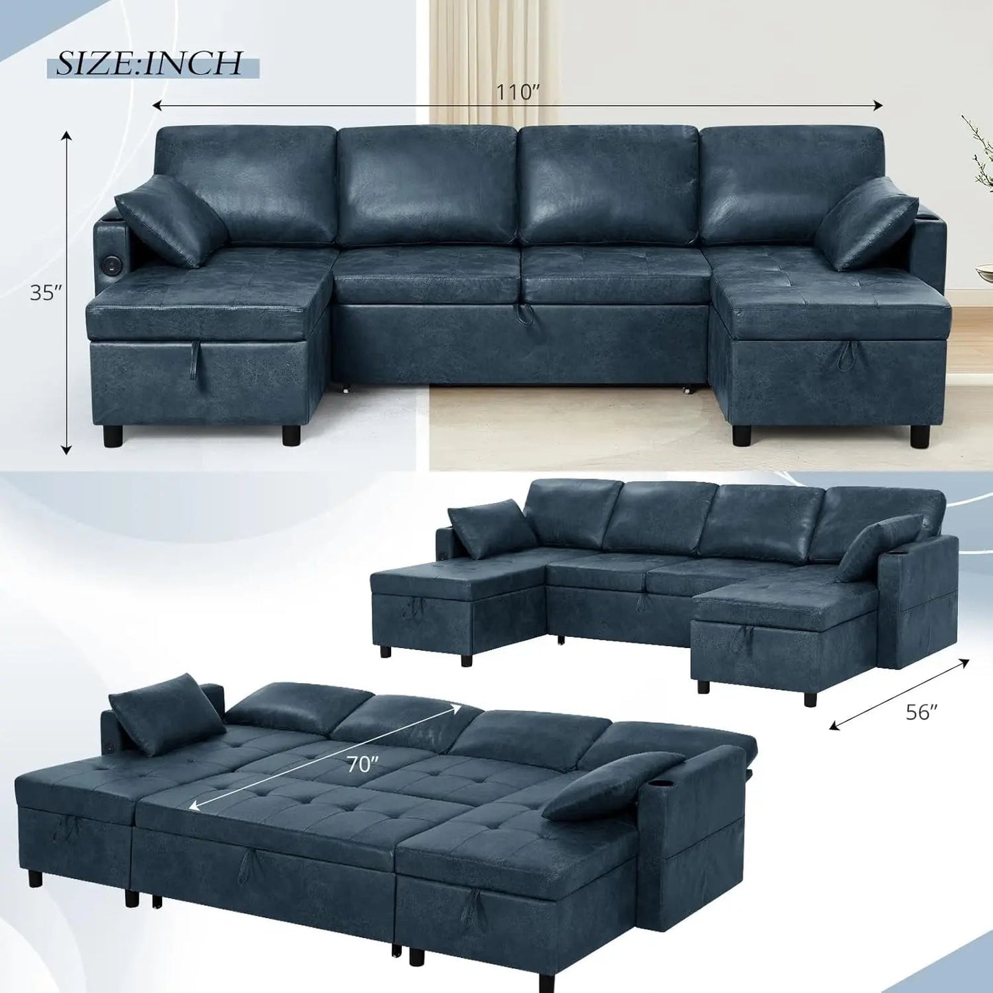Blue Genuine Suede Leather 110Inch Sectional Sleeper - Get it from Bo