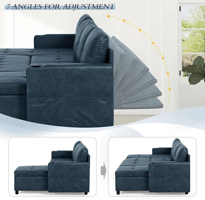 Blue Genuine Suede Leather 110Inch Sectional Sleeper - Get it from Bo