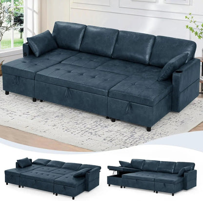 Blue Genuine Suede Leather 110Inch Sectional Sleeper - Get it from Bo