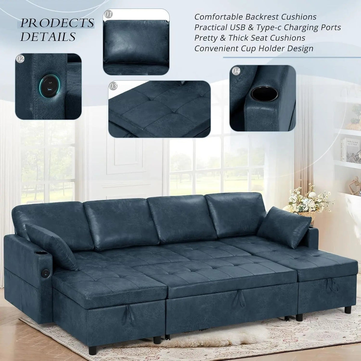 Blue Genuine Suede Leather 110Inch Sectional Sleeper - Get it from Bo