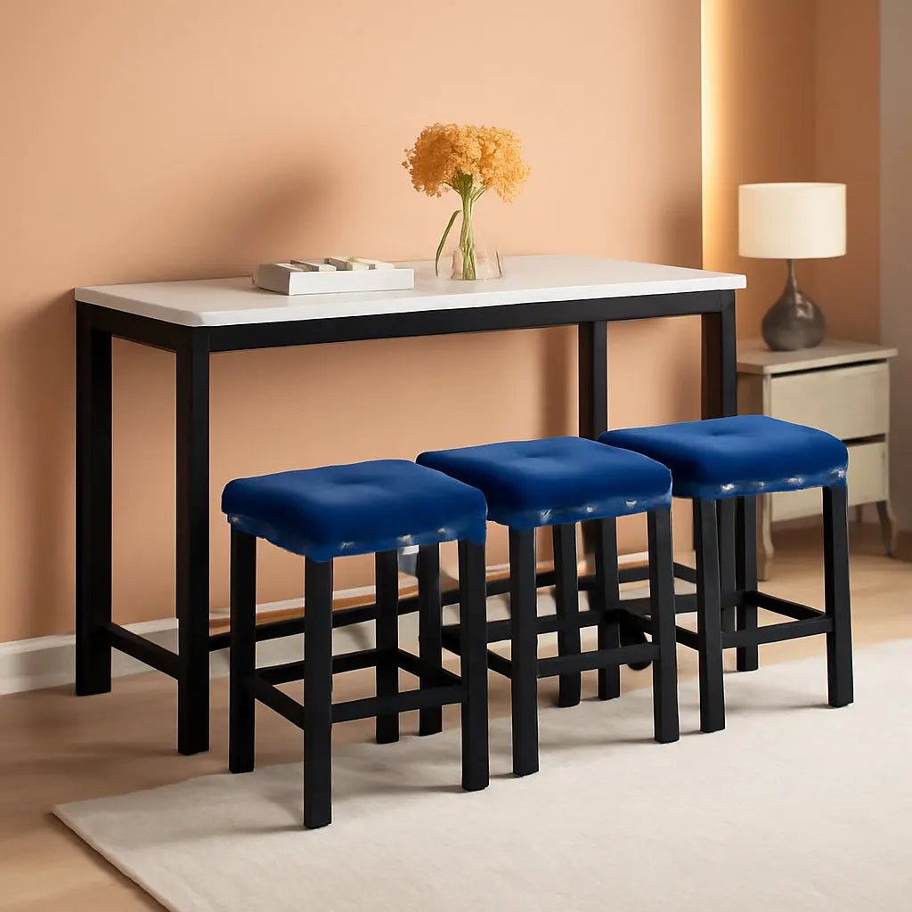 Blue Velvet Bar Table Set With 3 Stools Faux Marble Top - Get it from Bo