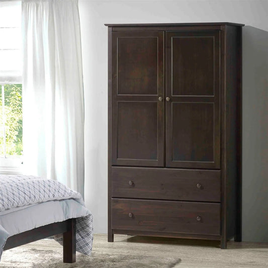 Brown Espresso Solid Wood Bedroom Armoire Wardrobe Cabinet with Hanging Bar - Get it from Bo