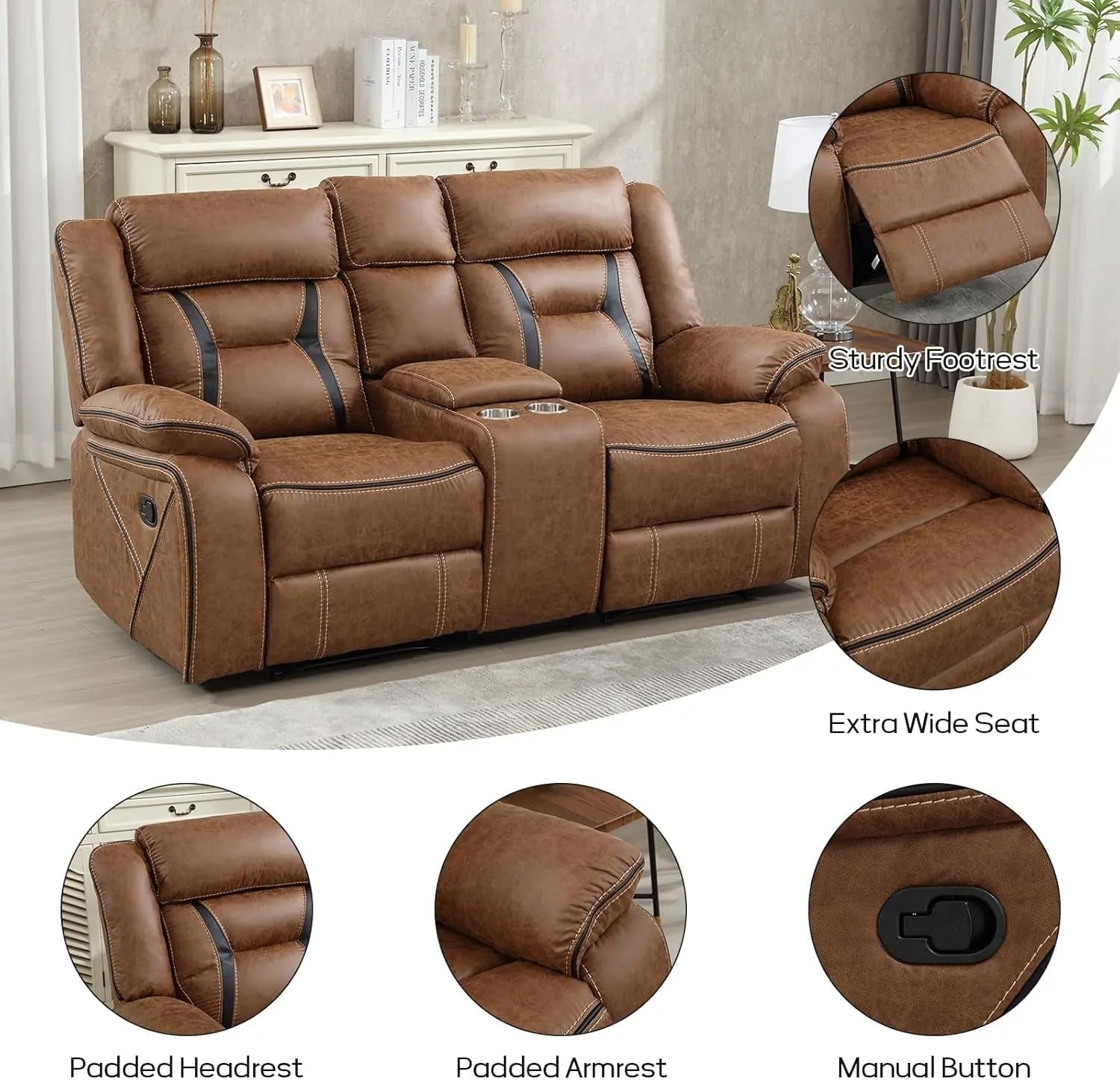 Brown Faux Leather Loveseat Dual Recliners Center Console - Get it from Bo