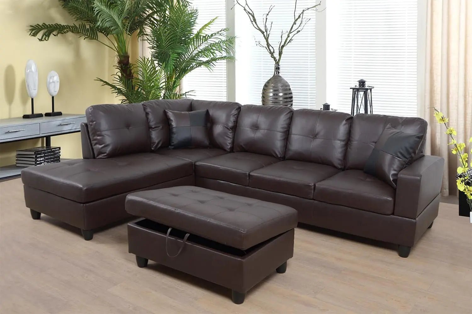 Brown Leather Sectional Sofa Set With Storage Ottoman And Left Facing Chaise - Get it from Bo