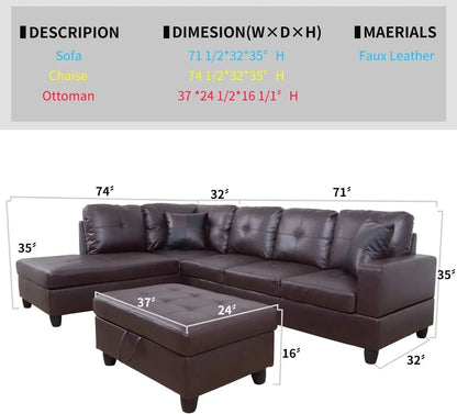 Brown Leather Sectional Sofa Set With Storage Ottoman And Left Facing Chaise - Get it from Bo