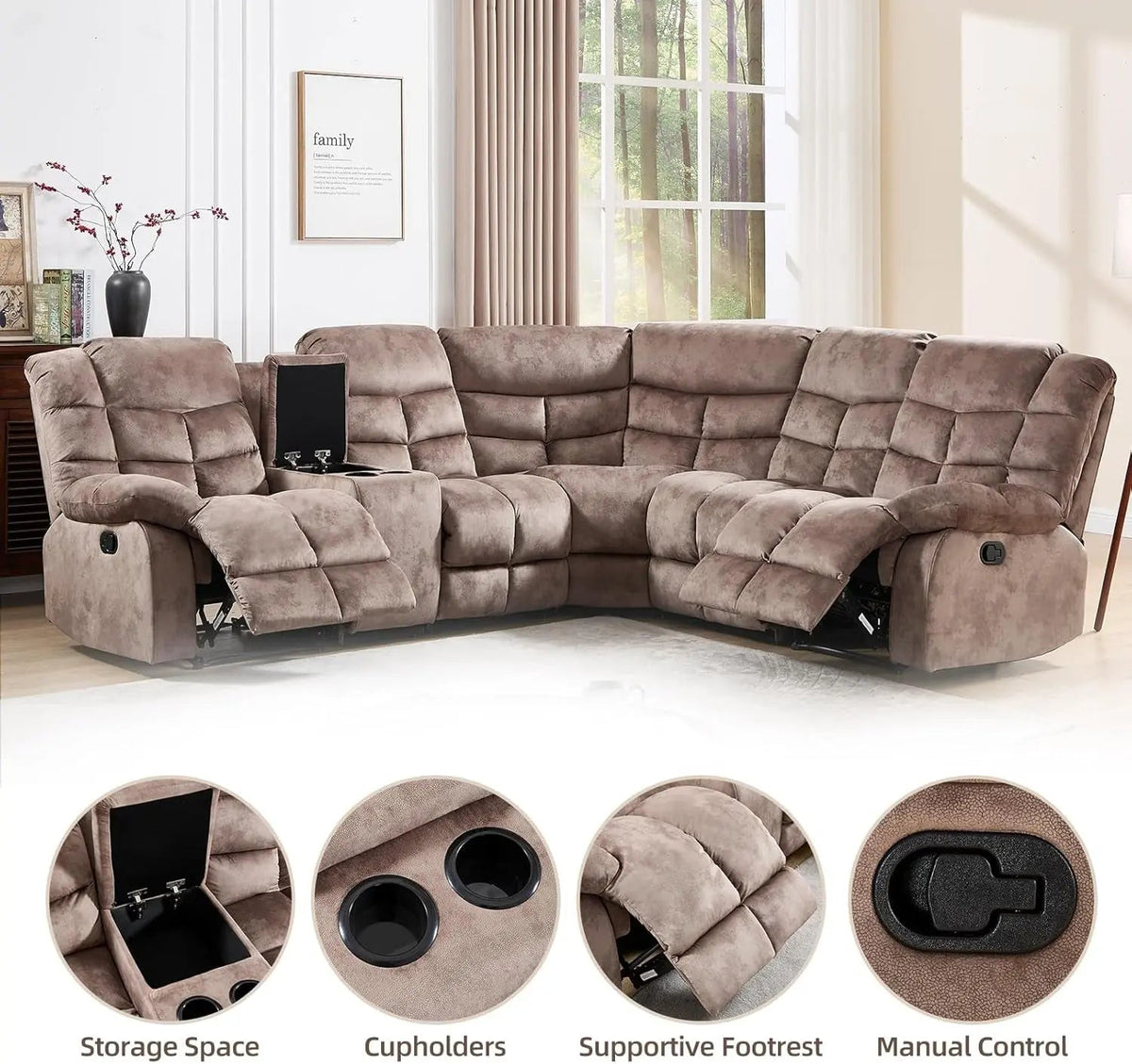 Brown Manual Reclining Sectional Sofa With Cup Holders - Get it from Bo