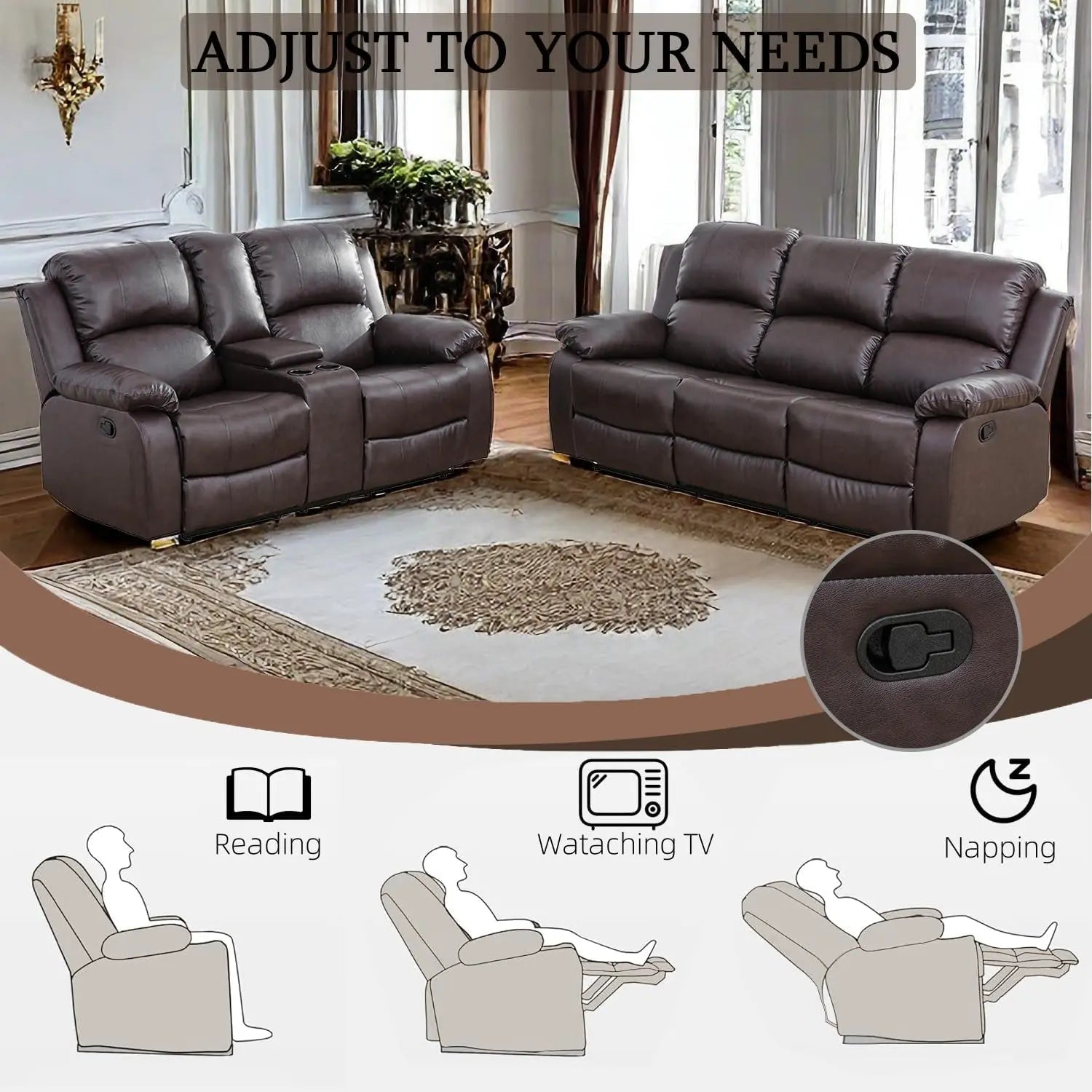 Brown Recliner Sofa With Pull Down Table Two Piece Set - Get it from Bo