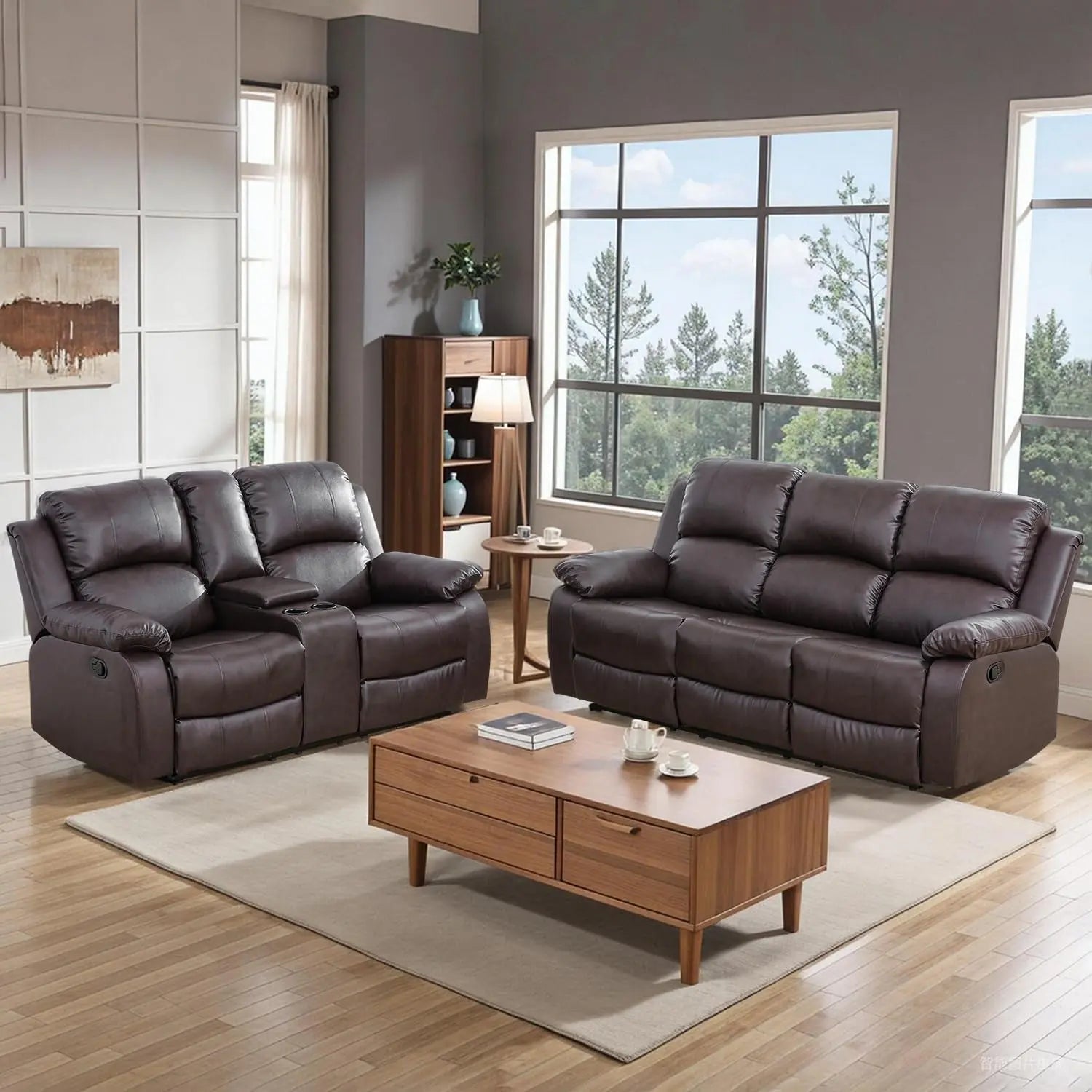 Brown Recliner Sofa With Pull Down Table Two Piece Set - Get it from Bo