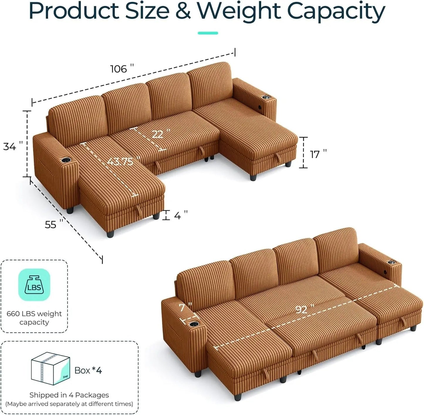 Brown UShaped Convertible Sectional Sofa Bed USBPort - Get it from Bo