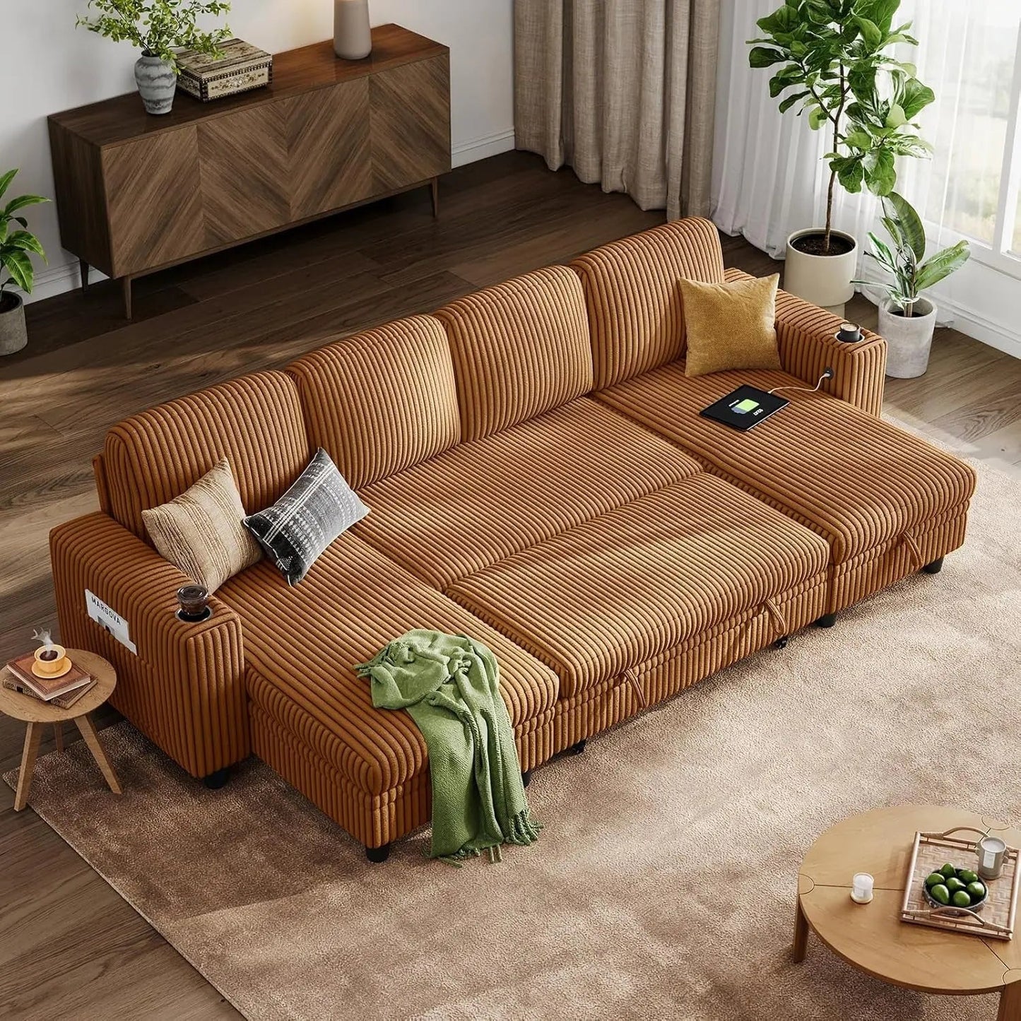Brown UShaped Convertible Sectional Sofa Bed USBPort - Get it from Bo