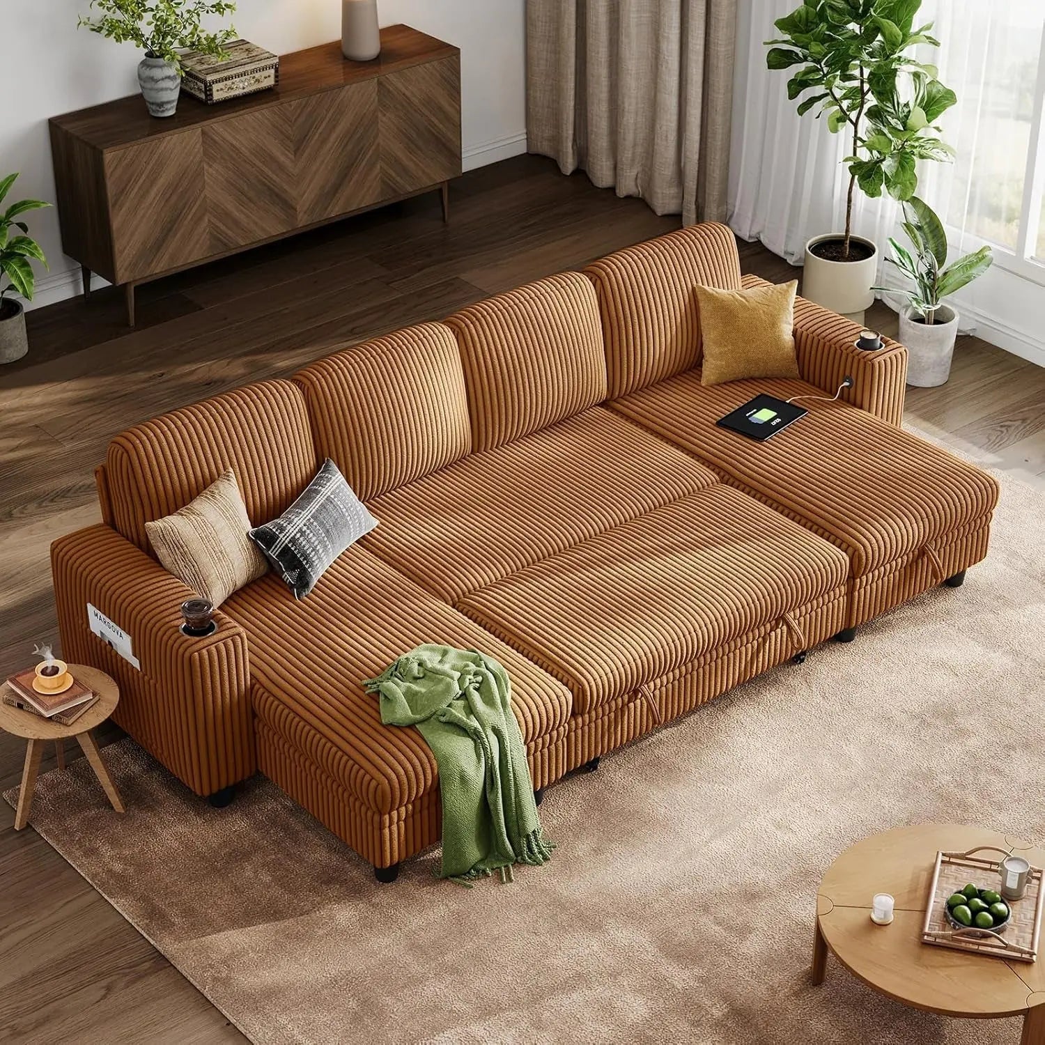 Brown UShaped Convertible Sectional Sofa Bed USBPort - Get it from Bo
