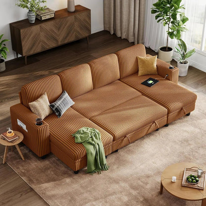 Brown UShaped Convertible Sectional Sofa Bed USBPort - Get it from Bo
