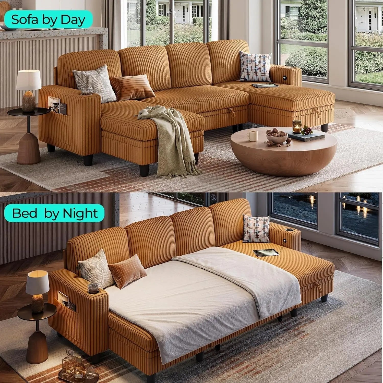 Brown UShaped Convertible Sectional Sofa Bed USBPort - Get it from Bo