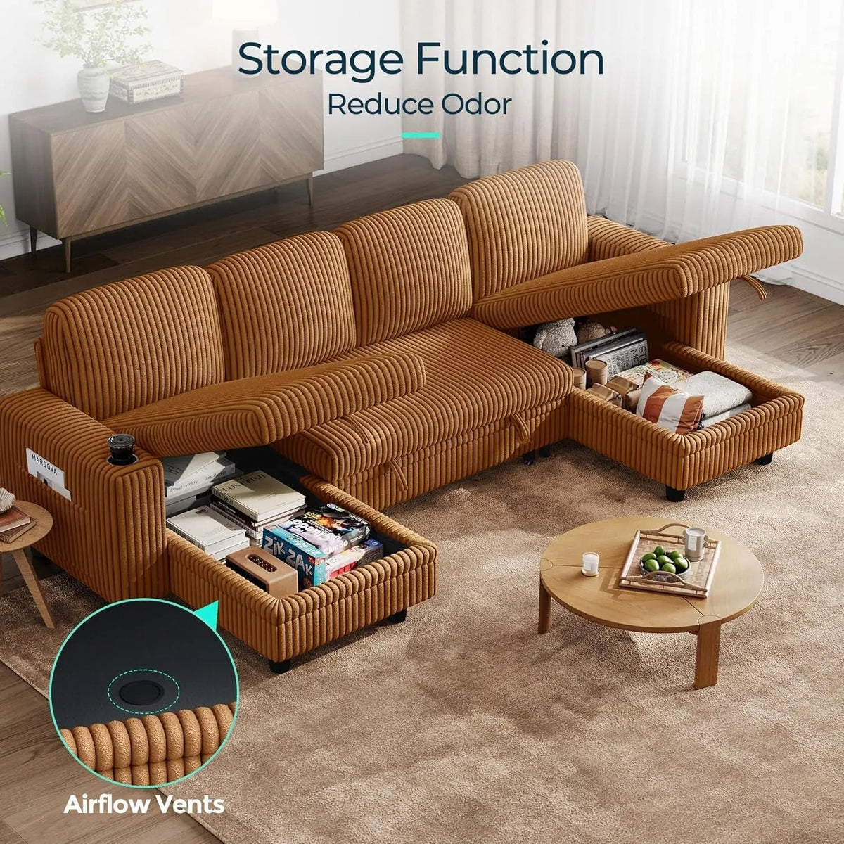 Brown UShaped Convertible Sectional Sofa Bed USBPort - Get it from Bo
