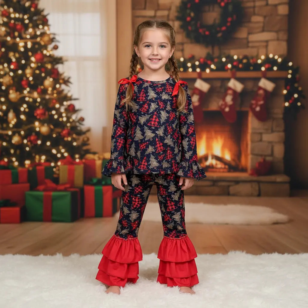 Buffalo Plaid trio trees two piece ruffle set - Get it from Bo