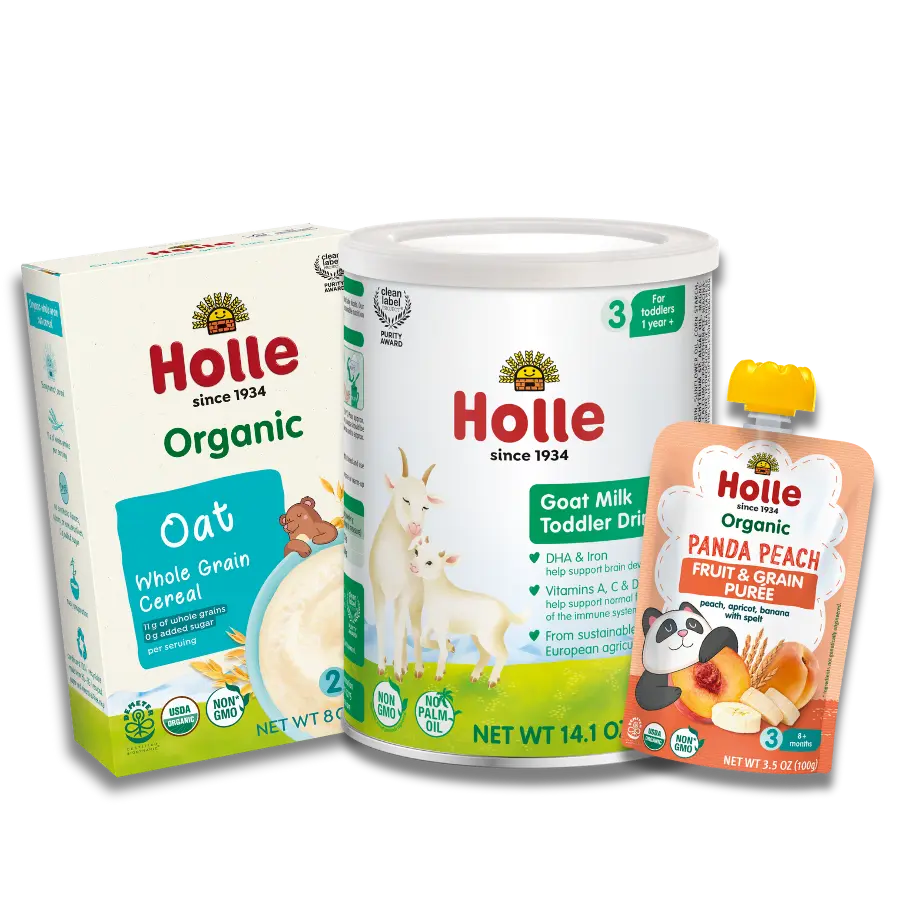 Goat & Grain Variety Bundle: Goat Milk, Oat Cereal, Panda Peach Holle USA
