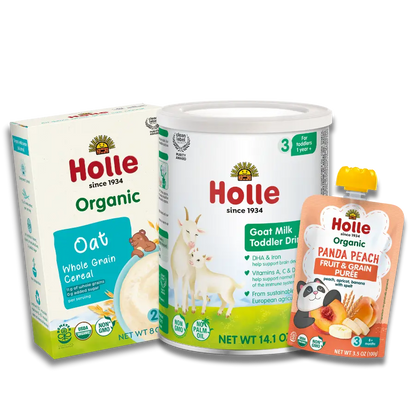 Goat & Grain Variety Bundle: Goat Milk, Oat Cereal, Panda Peach Holle USA