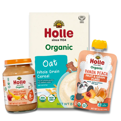 Fruit & Grain Variety Bundle: Panda Peach, Mixed Fruit w/ Muesli Jars, Oat Cereal Holle USA