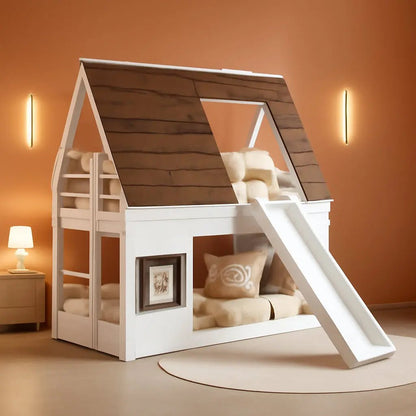 Bunk Bed Twin over Twin, Bunk Bed with Slides and Stairs, House Bunk Bed with Roof, Twin Bunk Bed for Kids, Teens, Kids Bunk Beds, White+Brown - Get it from Bo