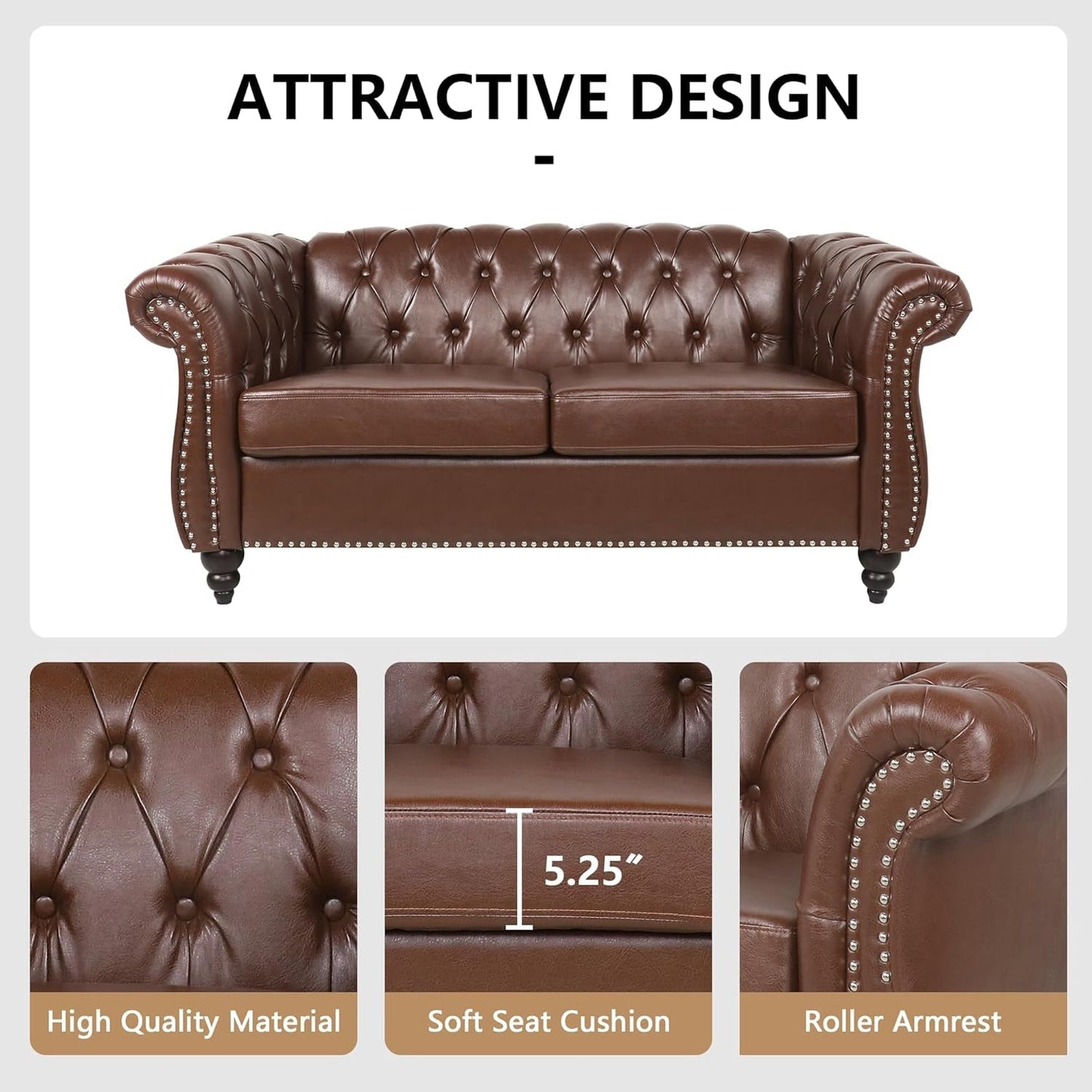 3 Piece Living Room Set With Sectional Chesterfield Sofa Chair And Leather Upholstered Loveseat ShipItFurniture