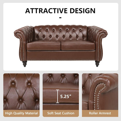 3 Piece Living Room Set With Sectional Chesterfield Sofa Chair And Leather Upholstered Loveseat ShipItFurniture