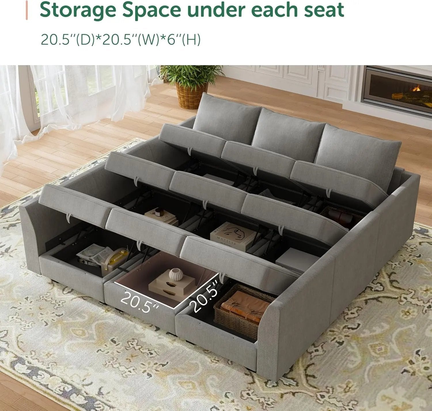 Modular Sectional Sofa with Storage, Sleeper Sectional Sofa Modular Sectional Couch for Living Room, Grey-2