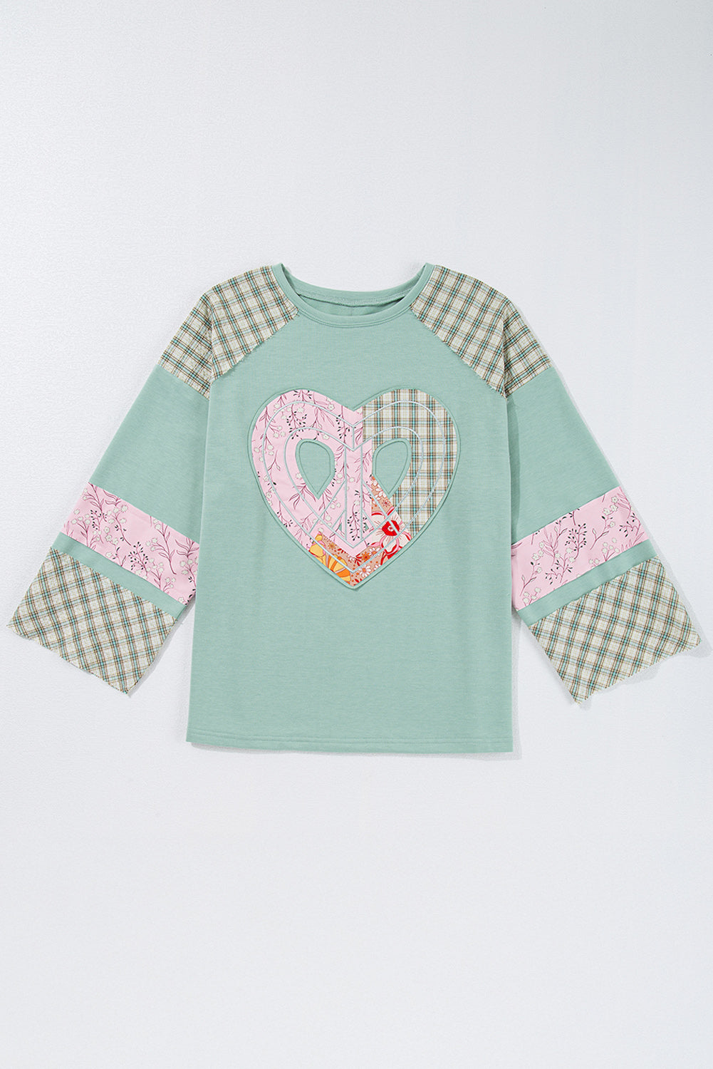 Emilia Plaid Floral Peace Heart Long Sleeve Top Threaded Pear