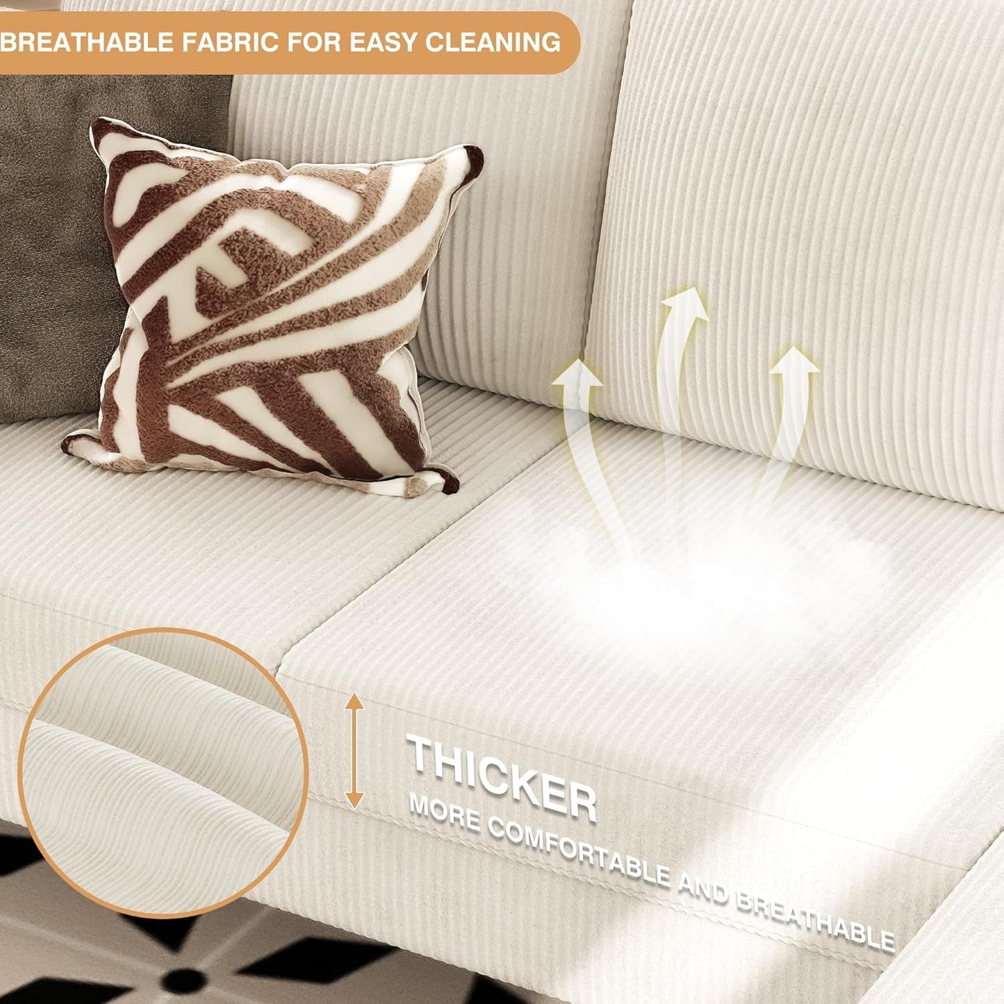 Cream Corduroy Convertible Sectional Sofa 3 Seat Couch ShipItFurniture