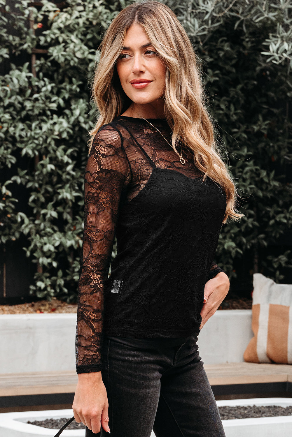Amira Lace Crochet Mesh Slim Fit Long Sleeve Top Threaded Pear