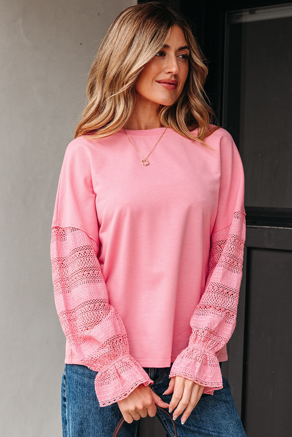 Brielle Lace Ruffled Sleeve Patchwork Loose Sweatshirt - Get it from Bo