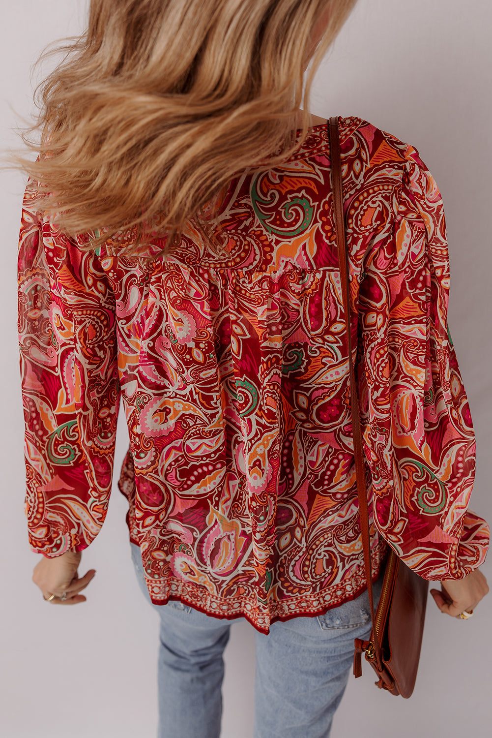 Quinn Paisley Tassel Tie Puff Sleeve Boho Blouse Threaded Pear