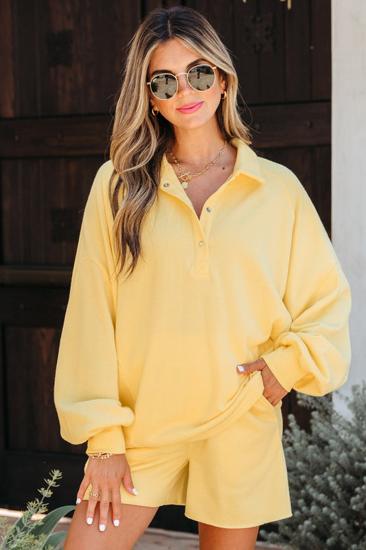 Kylie Button Collar Drop Shoulder Pullover and Shorts 2pcs Outfit Threaded Pear