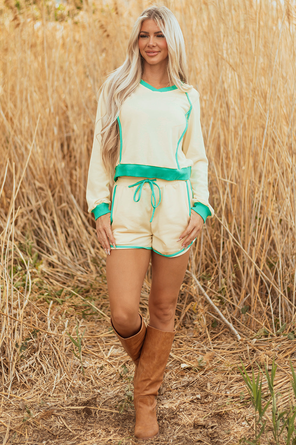 Wren Long Sleeve Pullover and Drawstring Shorts Outfit Threaded Pear