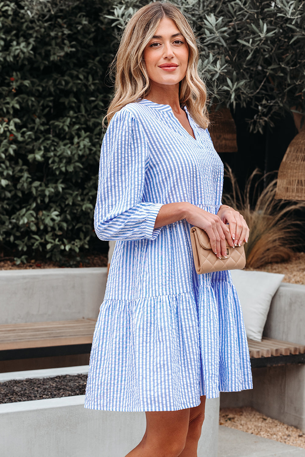 Kaia Stripe Bracelet Sleeve Tiered Dress with Pockets Threaded Pear